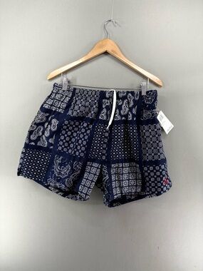NAUTICA SURF Vtg Y2k Swim Trunks Bandana Patchwork MeshLined Pocket XL Blue